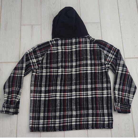Zara Mens Medium Plaid Overshirt Shacket Button Up Hooded Jacket Black Red Shirt - Picture 6 of 8